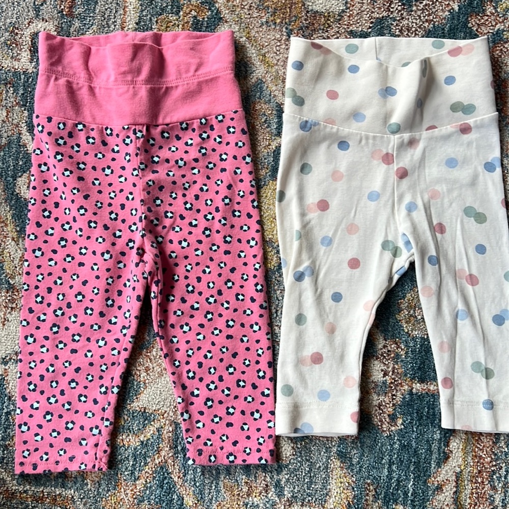 BUNDLE - Two wider waistband patterned pants polka dots and pink cheetah 3-6 mth